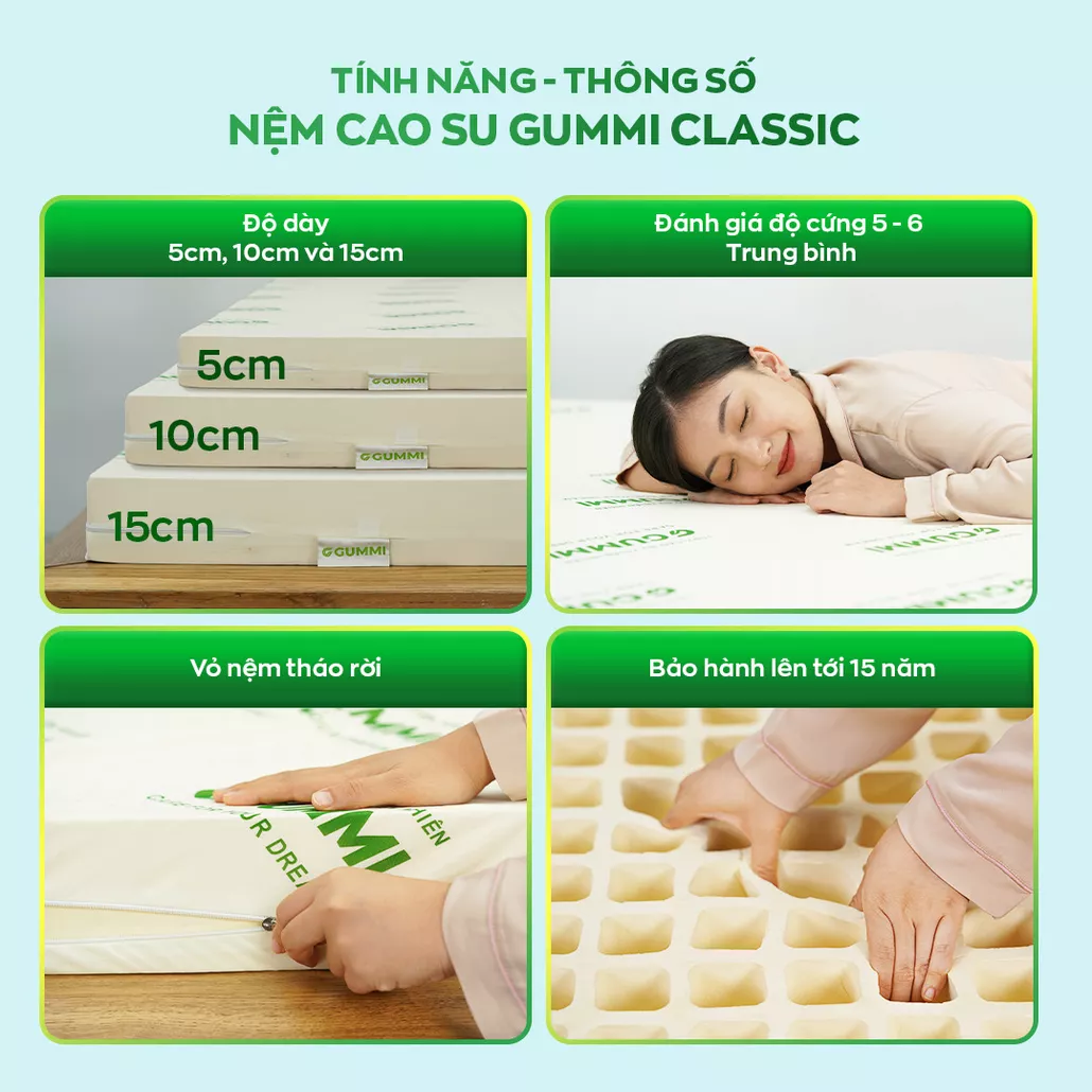 Nệm cao su thiên nhiên 100% gummi classic thoáng khí