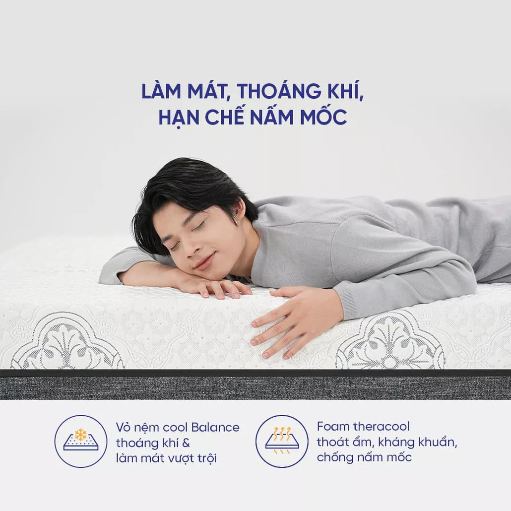 làm mát, thoáng khí, hạn chế nấm mốc, vỏ nệm cool balance thoáng khi & làm mát vượt trội foam theracool thoát ẩm, kháng khuẩn, chống nấm mốc