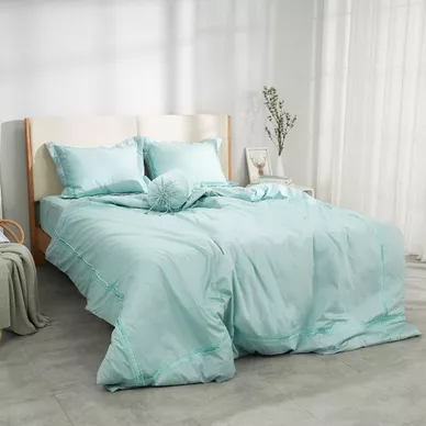 Bộ ga chun chăn chần Amando thêu cotton satin màu xanh lá - Ảnh 5