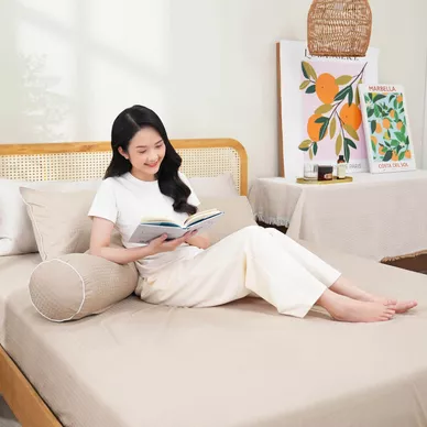 Bộ ga chun polyester gấm Amando Ellie đơn sắc 4 chi tiết Màu Be - Thumbnail