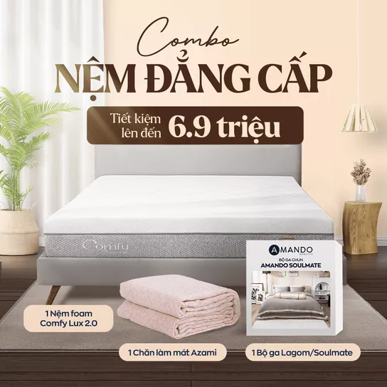 Combo nệm đẳng cấp: nệm foam Lux 2.0, 1 bộ phủ Soulmate, 1 Chăn Amando Azami - Ảnh 1