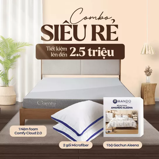 Combo Siêu Rẻ: 1 Đệm Cloud 2.0, 1 bộ Ga chun Aleena, 2 gối Microfiber - Ảnh 1