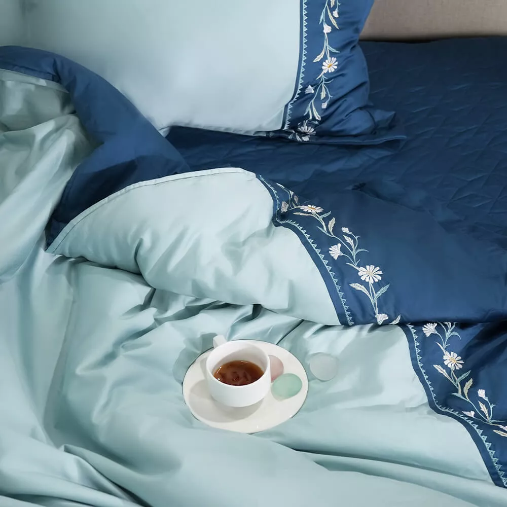 Bộ ga phủ chăn chần Amando thêu cotton satin màu xanh lá - Ảnh 5