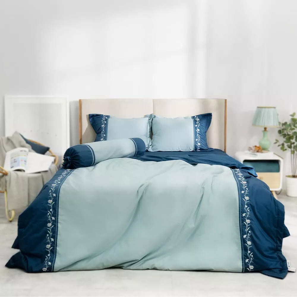 Bộ ga phủ chăn chần Amando thêu cotton satin màu xanh lá - Ảnh 2