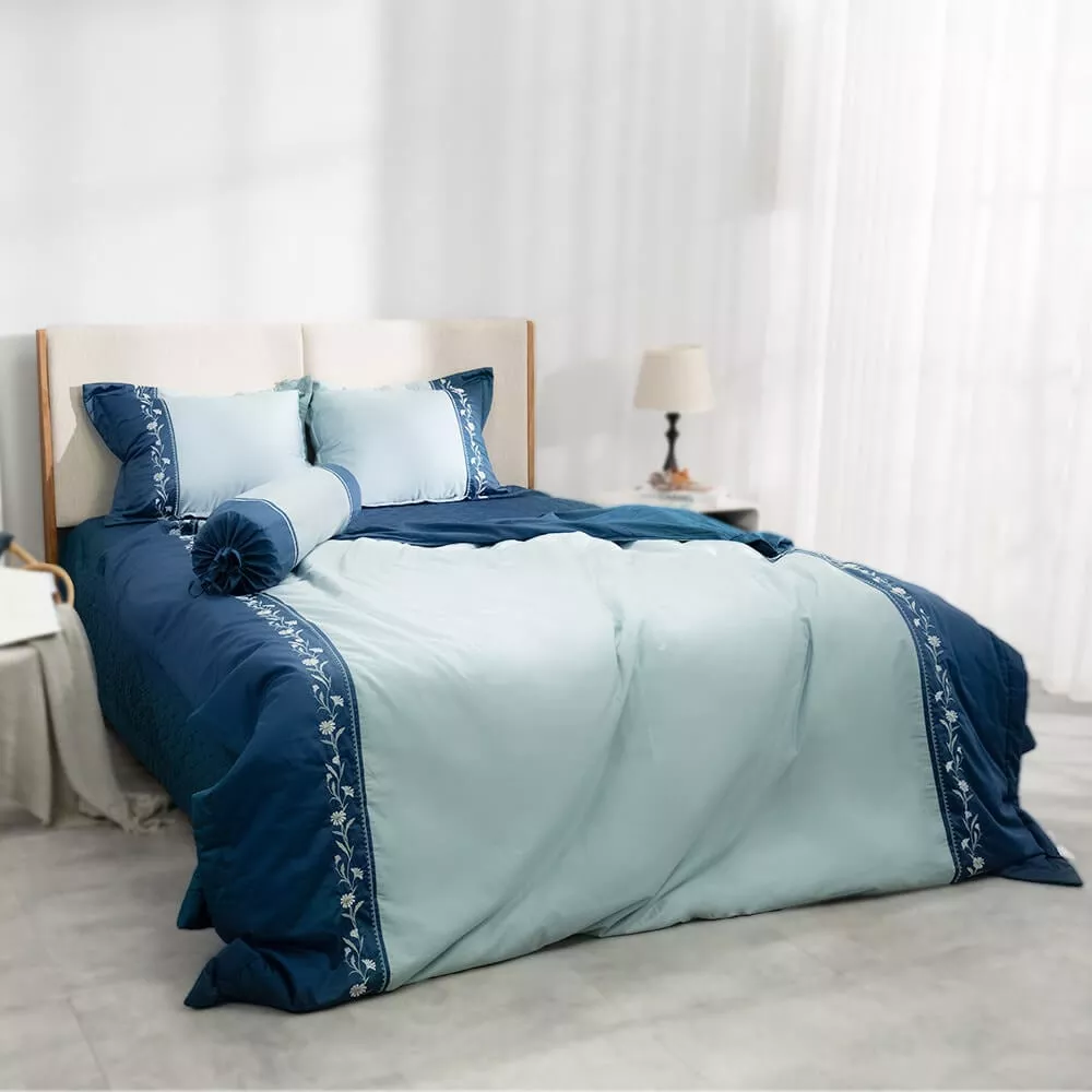 Bộ ga phủ chăn chần Amando thêu cotton satin màu xanh lá - Ảnh 3
