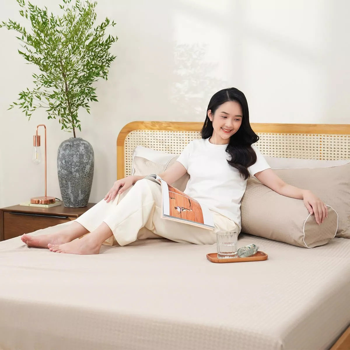 Bộ ga chun polyester gấm Amando Ellie đơn sắc 4 chi tiết Màu Be - Ảnh 2