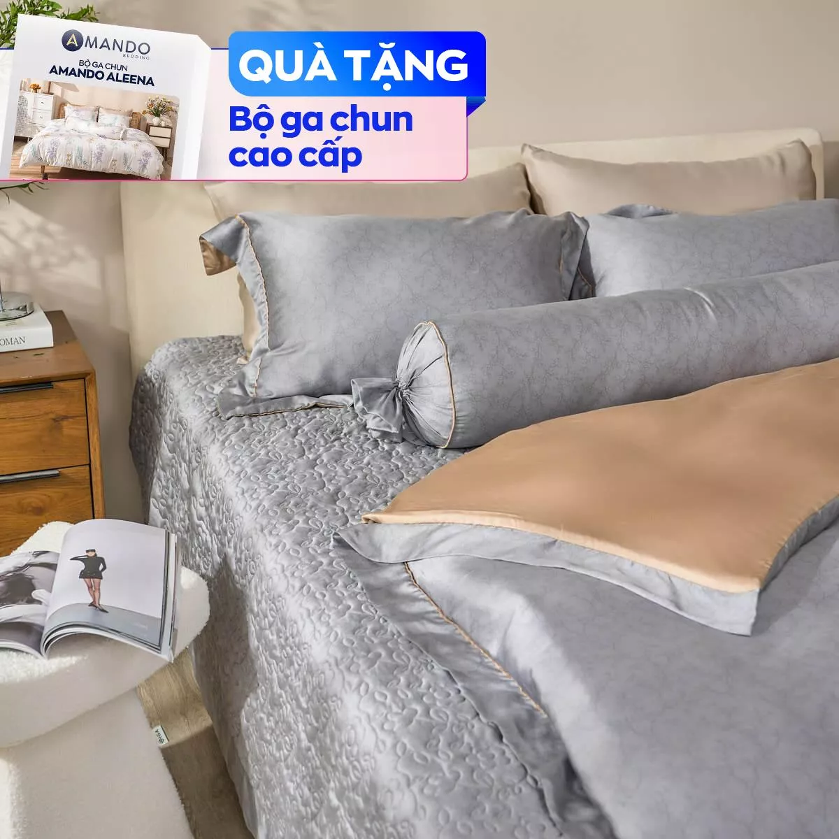 Bộ chăn ga phủ chần Lụa Tencel cao cấp Amando Élan 5 chi tiết TC003 - Ảnh 2