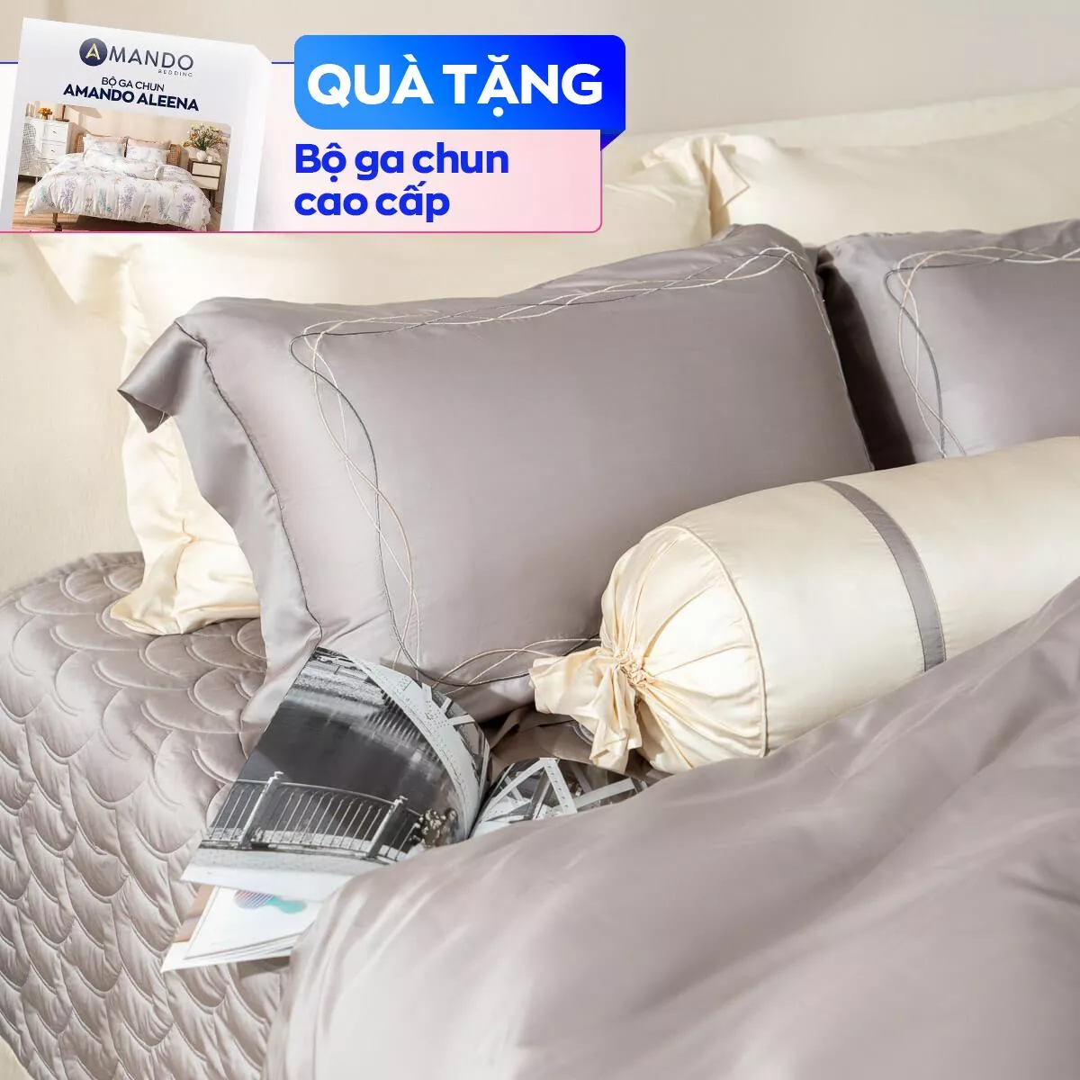Bộ Chăn ga lụa tencel cao cấp Amando Soulmate 7 chi tiết màu Xám - Ảnh 2