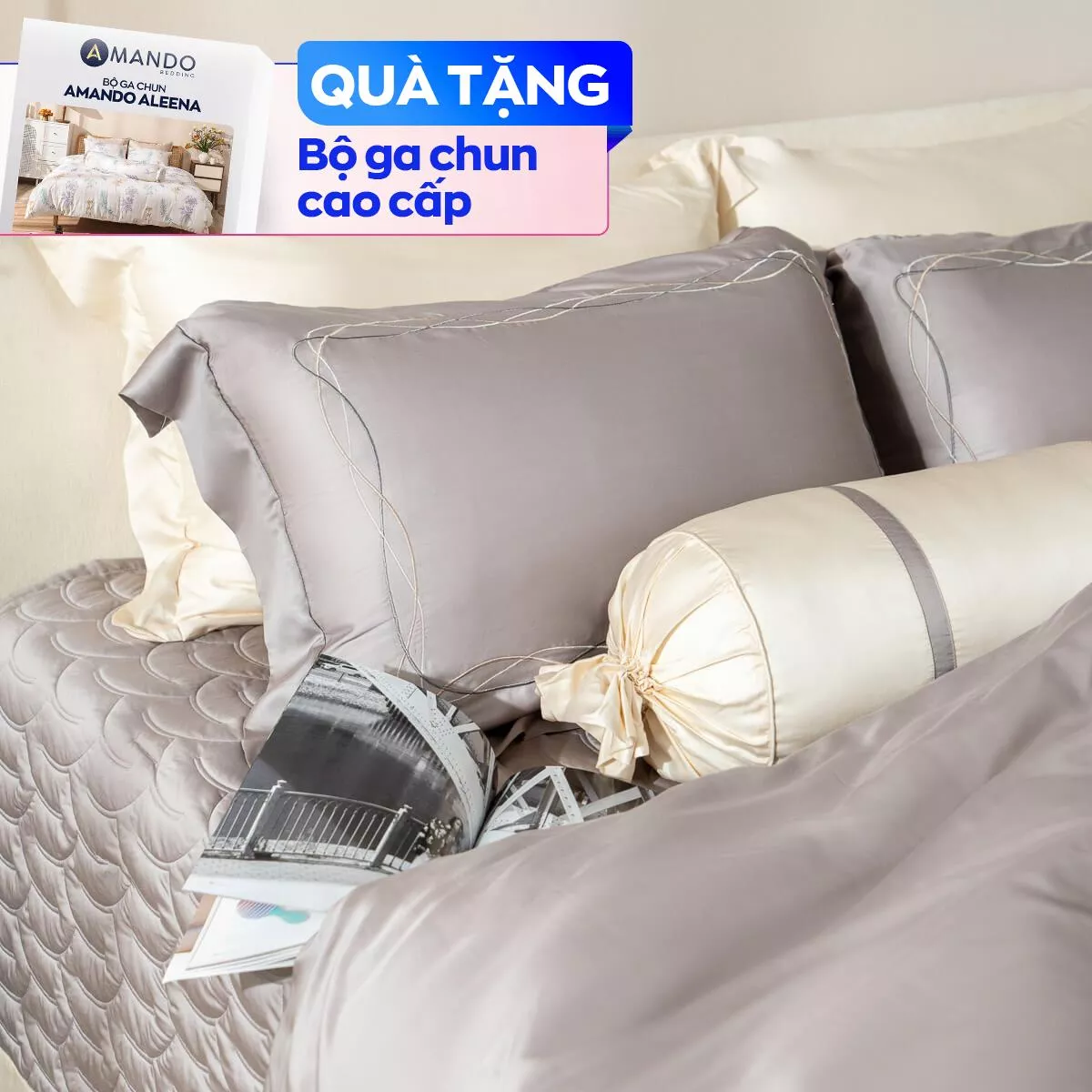 Bộ Chăn ga lụa tencel cao cấp Amando Soulmate 7 chi tiết màu Xám - Ảnh 2