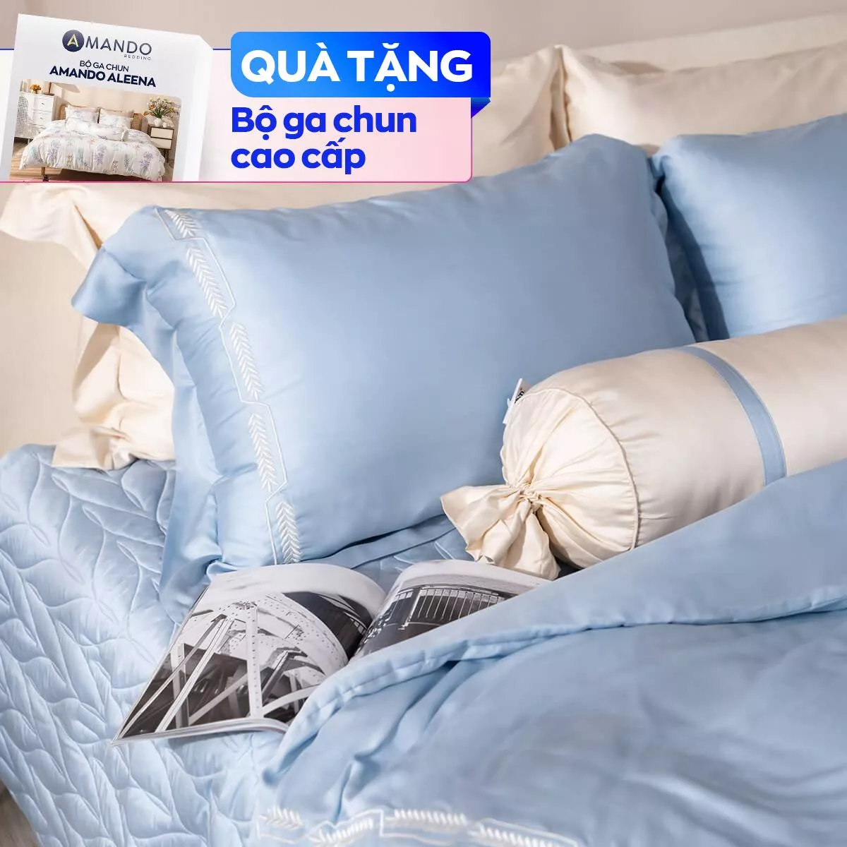 Bộ Chăn ga lụa tencel cao cấp Amando Soulmate 7 chi tiết màu Xanh - Ảnh 2