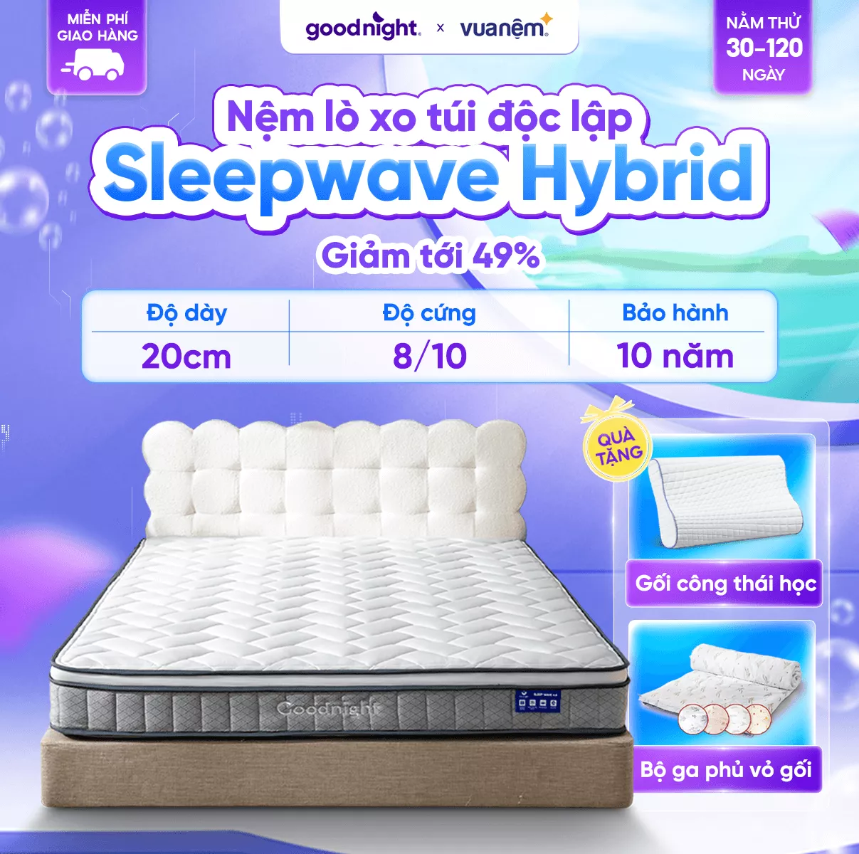 Nệm lò xo Goodnight Sleep Wave giảm tiếng ồn dày 20cm - Ảnh 2